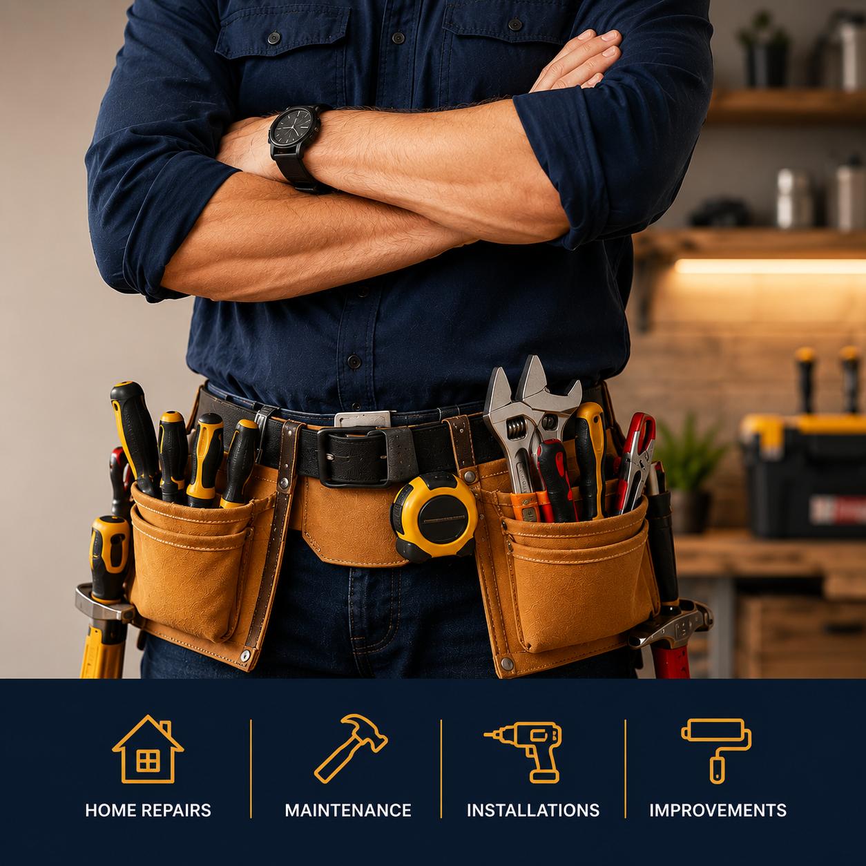 A professional handyman working on home repairs in a bright kitchen.