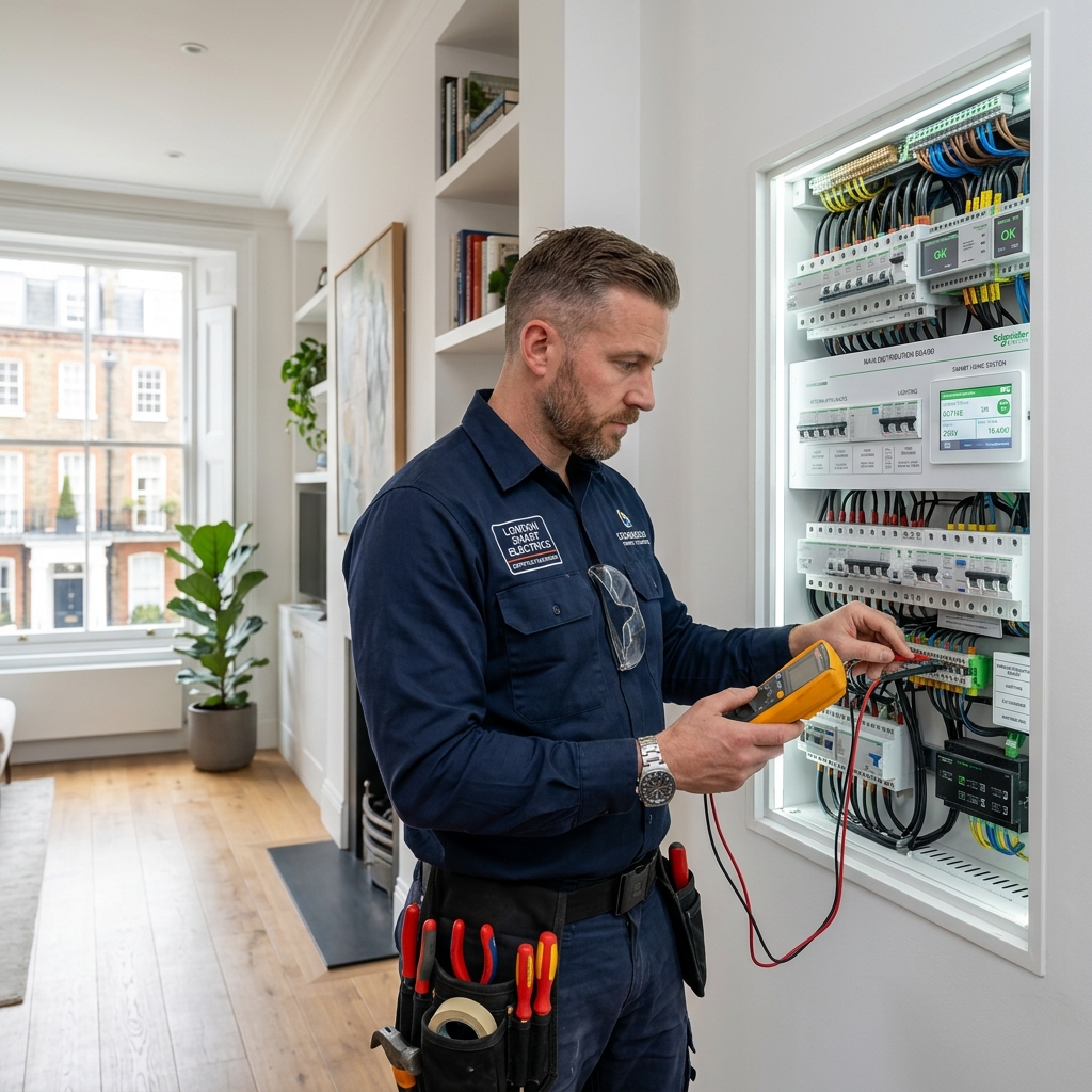 An electrician inspecting a smart home control panel.